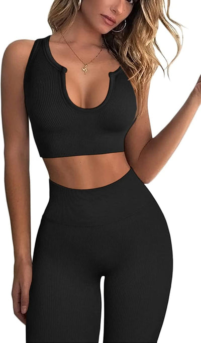 Women's 2-Piece Activewear Set: Notch Crop Top and Waist Shorts for Gym and Yoga - Black, Size M