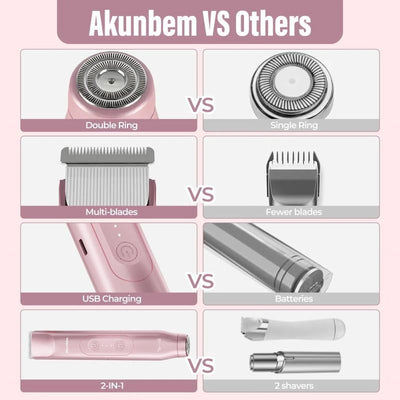 Akunbem Bikini Trimmer for Women, Electric Shaver and Razor Rechargeable 2-In-1 Body and Facial Epilator, Dual Heads for Painless Trimming of Pubic Hair, Face, Underarms and Legs, IPX7 Waterproof.