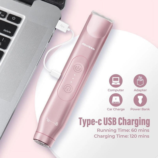 Akunbem Bikini Trimmer for Women, Electric Shaver and Razor Rechargeable 2-In-1 Body and Facial Epilator, Dual Heads for Painless Trimming of Pubic Hair, Face, Underarms and Legs, IPX7 Waterproof.