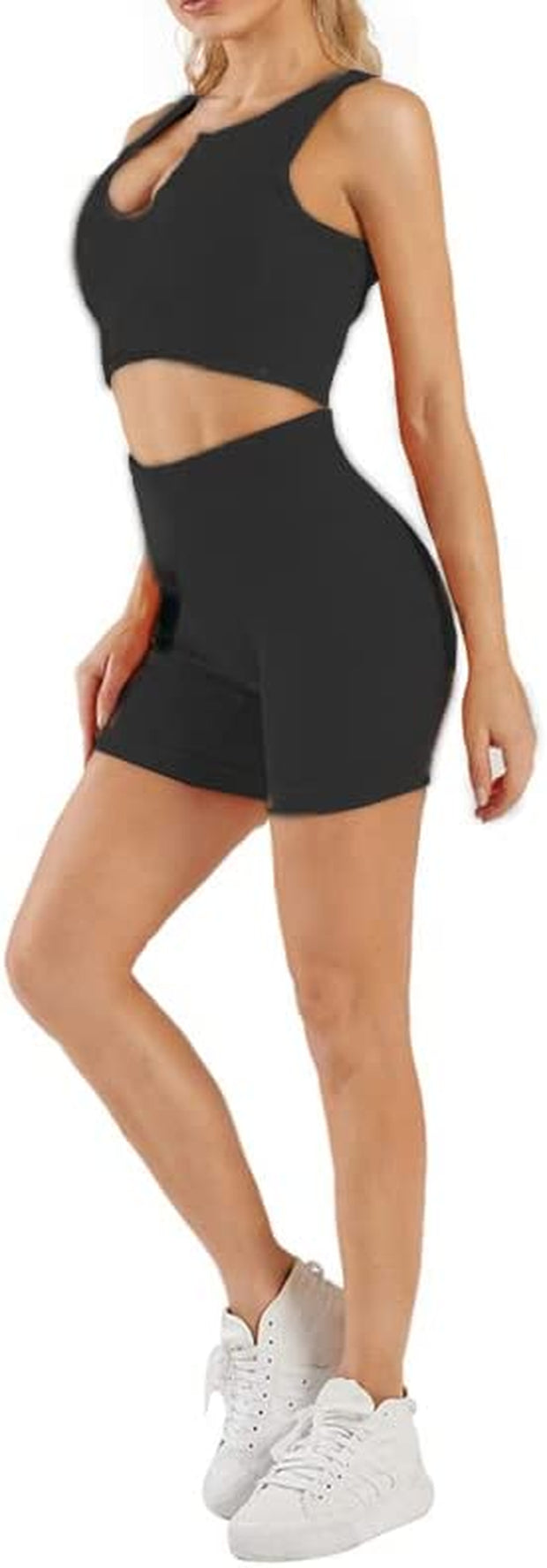 Women's 2-Piece Activewear Set: Notch Crop Top and Waist Shorts for Gym and Yoga - Black, Size M
