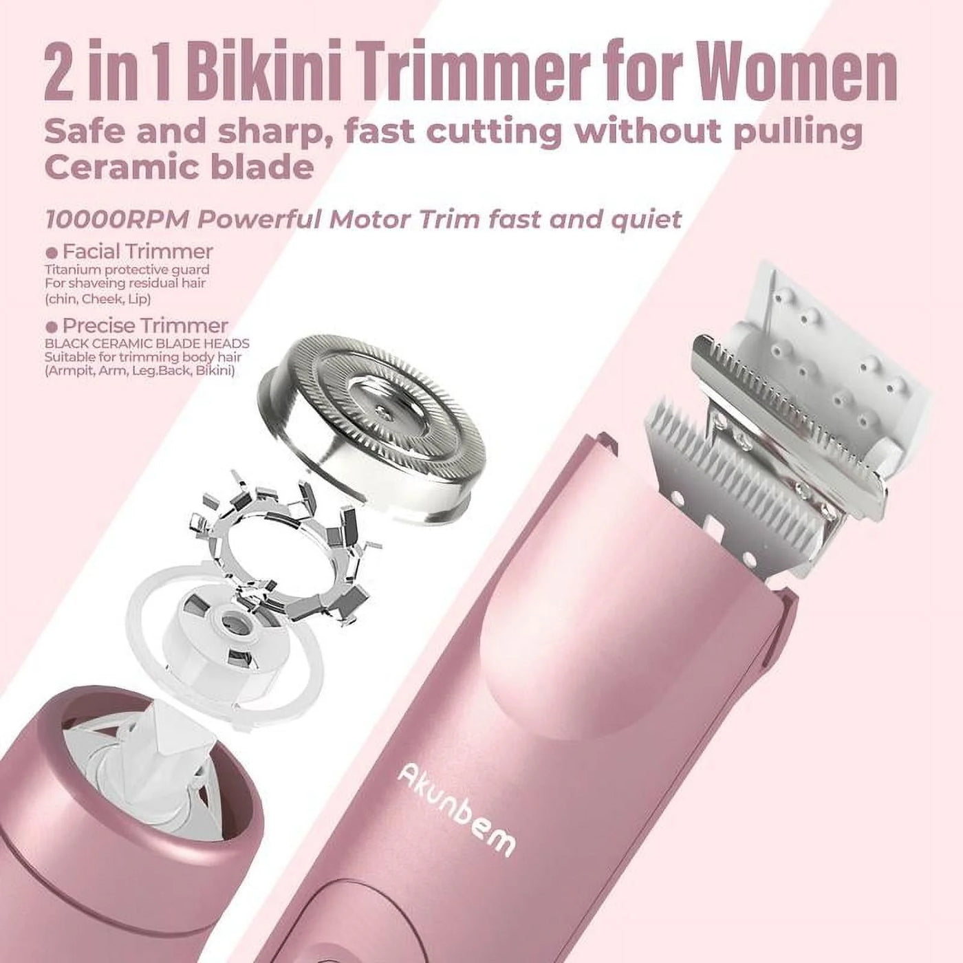Akunbem Bikini Trimmer for Women, Electric Shaver and Razor Rechargeable 2-In-1 Body and Facial Epilator, Dual Heads for Painless Trimming of Pubic Hair, Face, Underarms and Legs, IPX7 Waterproof.