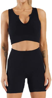 Women's 2-Piece Activewear Set: Notch Crop Top and Waist Shorts for Gym and Yoga - Black, Size M