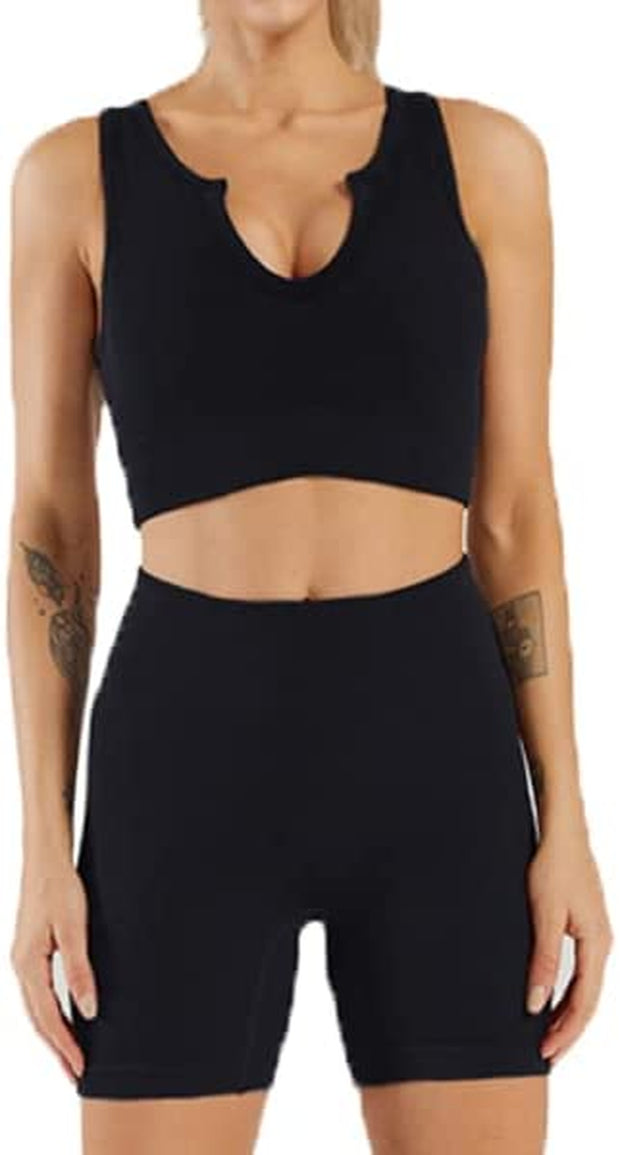 Women's 2-Piece Activewear Set: Notch Crop Top and Waist Shorts for Gym and Yoga - Black, Size M