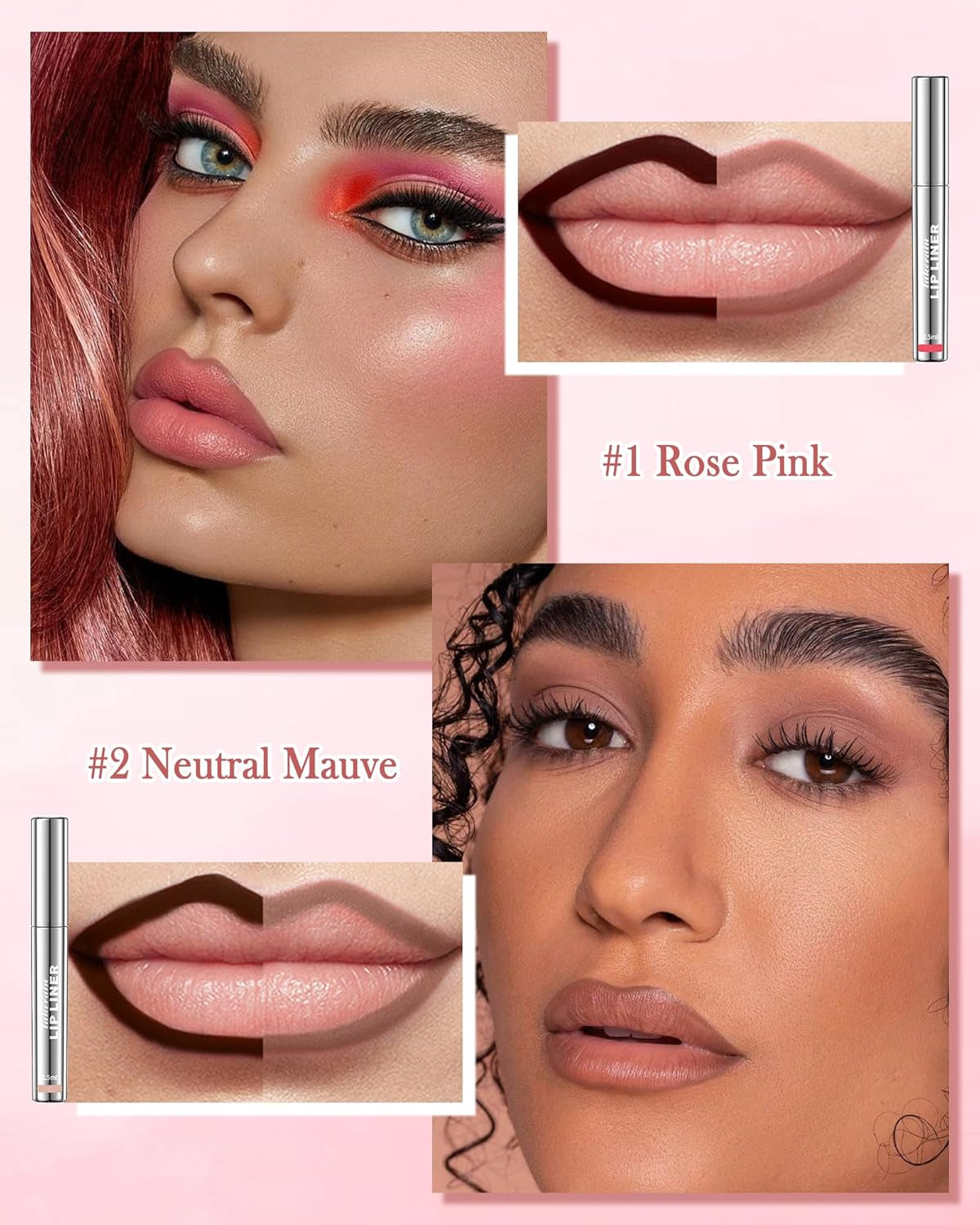 Peel off Long Lasting Waterproof Lip Liner, 2Pcs Tattoo Stain Transfer-Proof High Pigmented Color Lip Tint All-Day Stay Lipliner Makeup for Women (Nude Pink+Neutral Mauve)