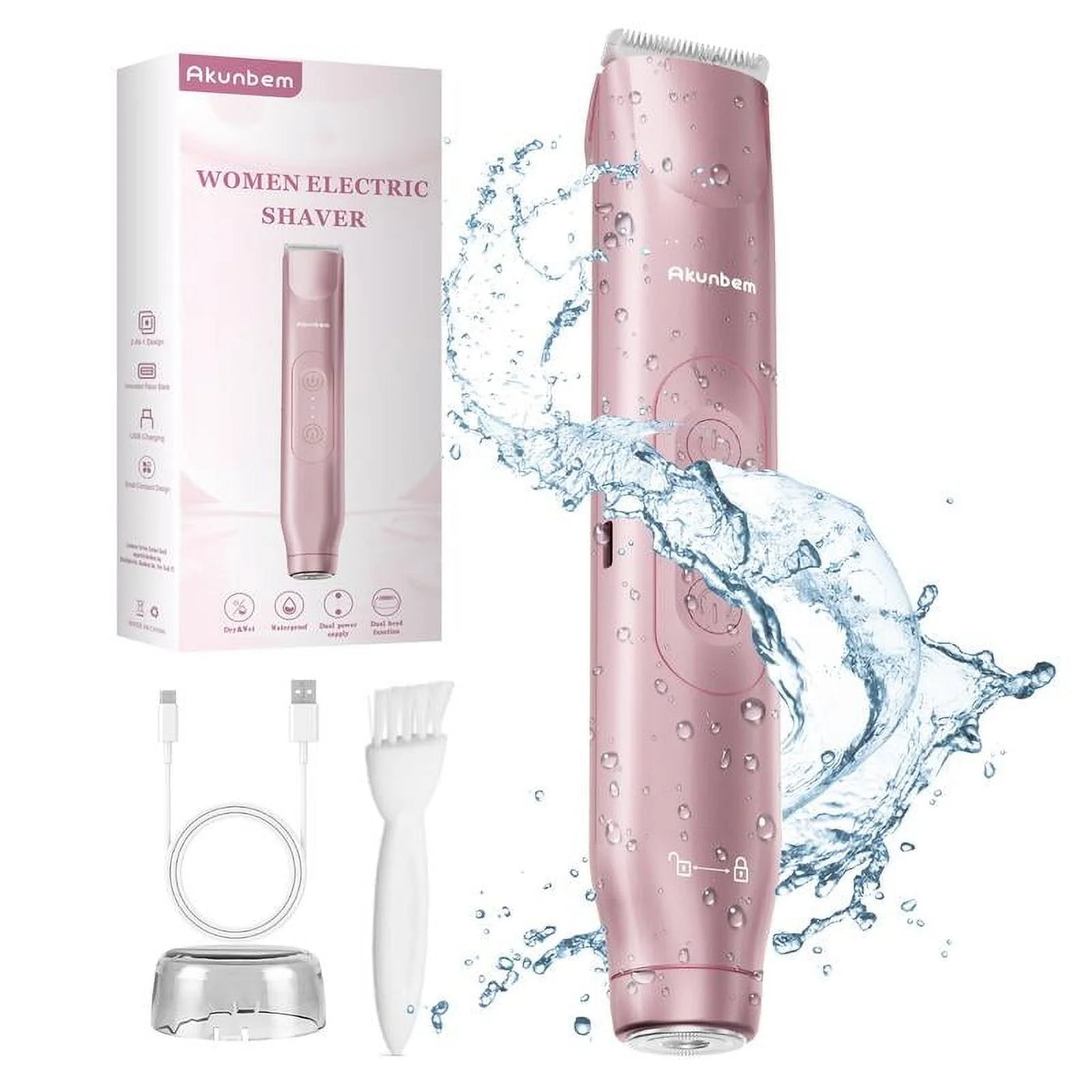 Akunbem Bikini Trimmer for Women, Electric Shaver and Razor Rechargeable 2-In-1 Body and Facial Epilator, Dual Heads for Painless Trimming of Pubic Hair, Face, Underarms and Legs, IPX7 Waterproof.